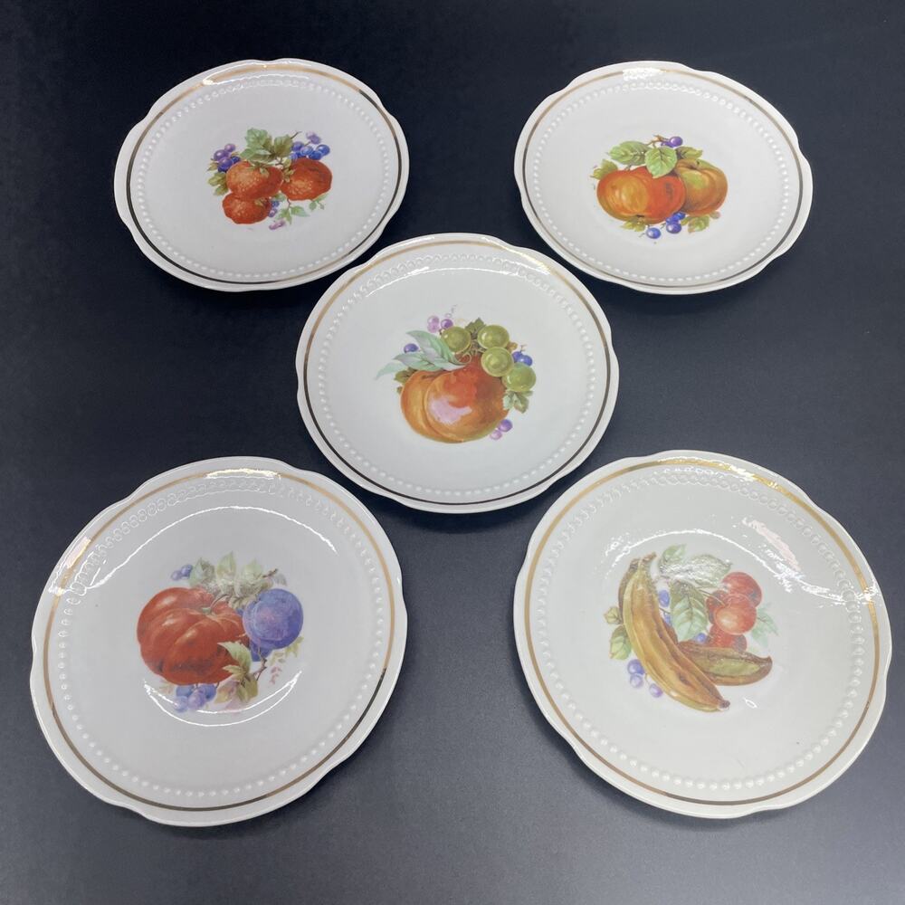 5 Vtg German Fruit Hand Painted Dessert Plates 6" Scalloped Gold Rim Cottagecore